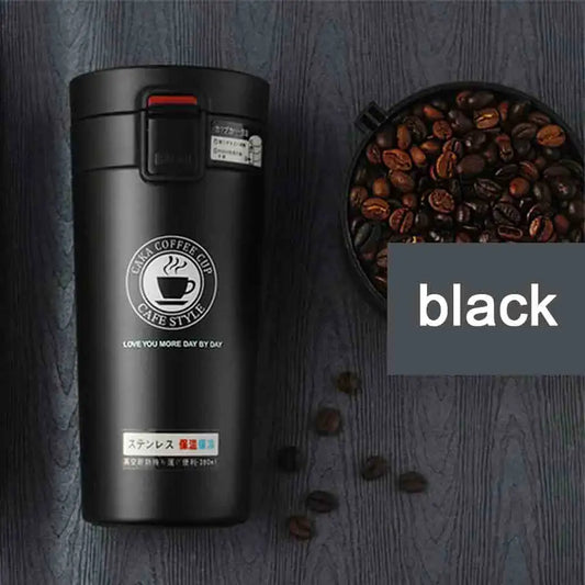 Vacuum insulated stainless steel thermos coffee mug with safety closure - one click lid - special mouthpiece for direct drinking. Contents 500ml