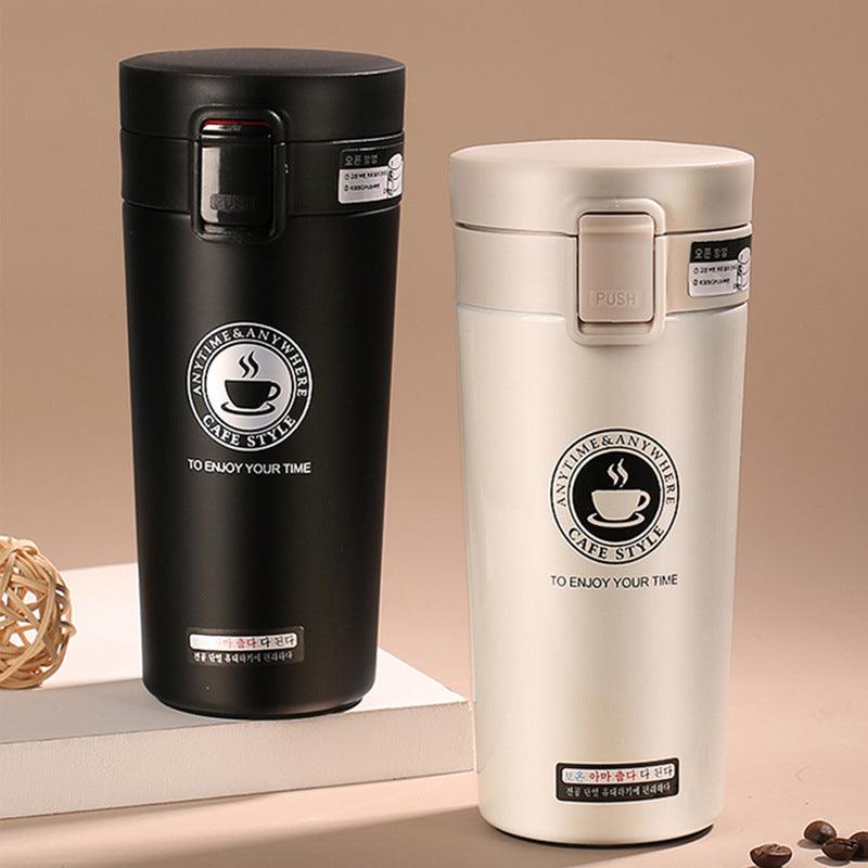 Insulated stainless steel thermos coffee mug with safety lock